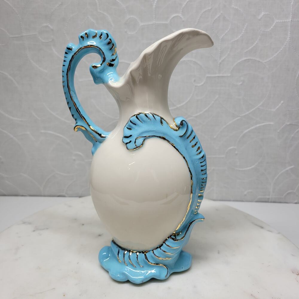 Vintage 1954 Signed Pocelain Pitcher 9" White Bright Blue Gold Victorian Vase